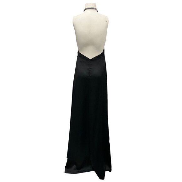 GENNY BLACK RHINESTONE EMBELLISHED HALTER NECK SATIN GOWN - Picture 3 of 5